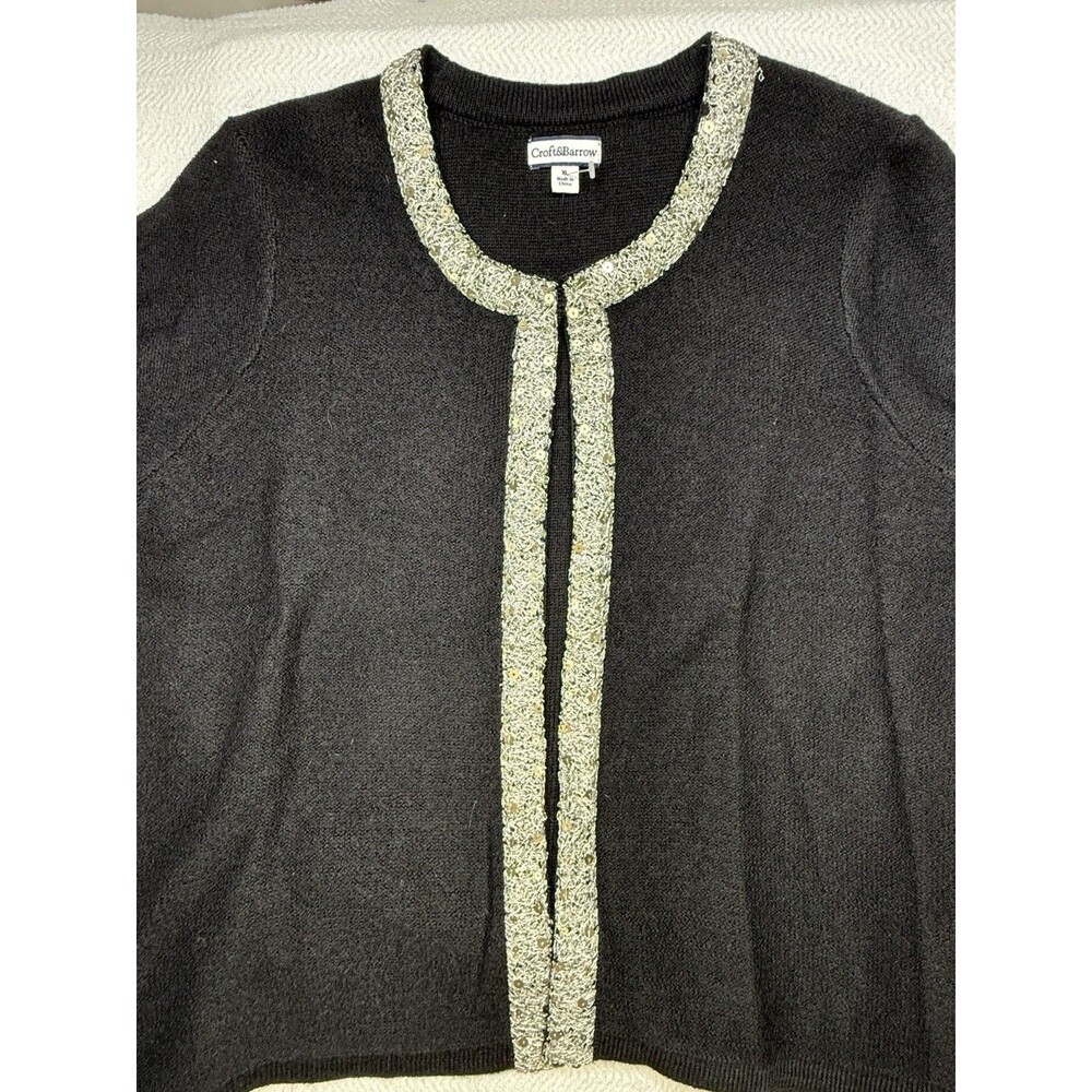 Croft & Barrow Round Neck Knit Cardigan Sweater Black Silver Sequin Trim XL